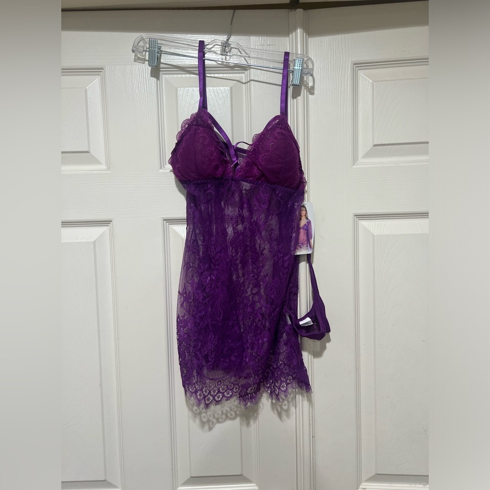 Shirley of Hollywood Purple Lace Trim Sheer‎ Babydoll Lingerie Nightie USA  Sz M